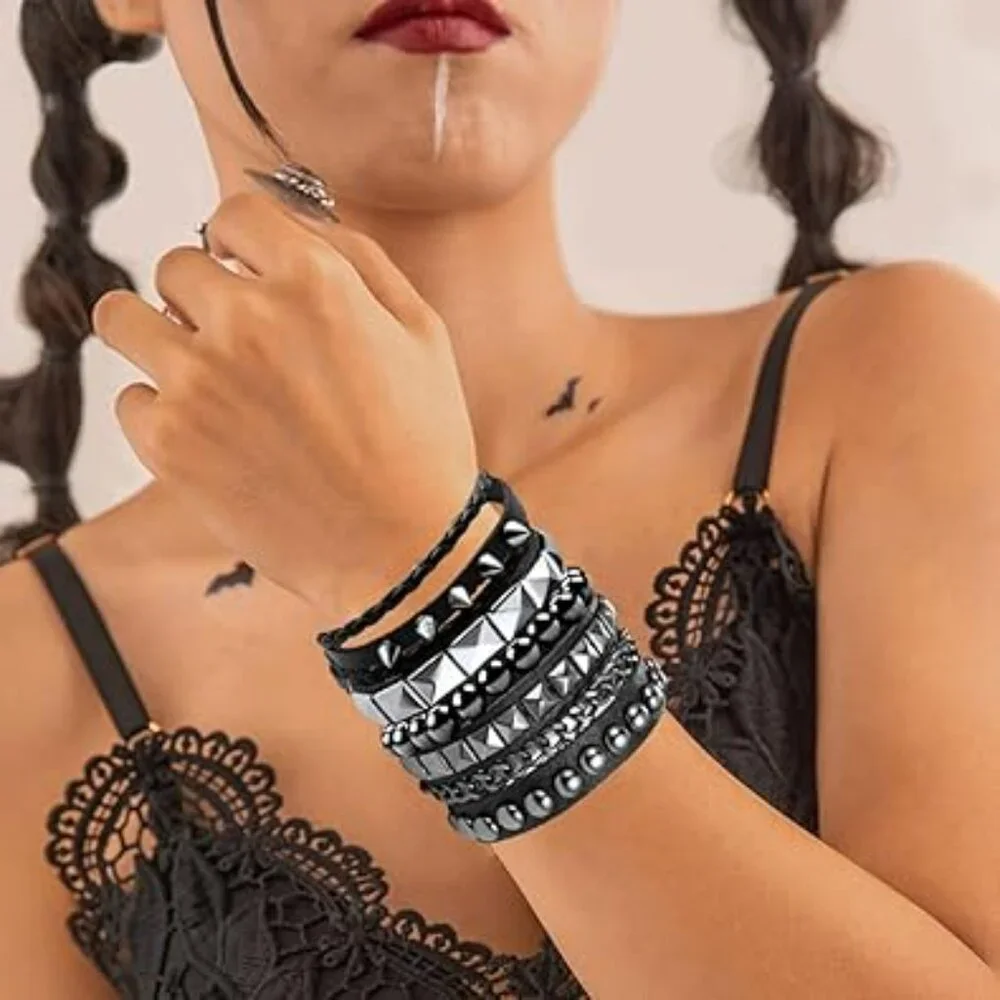 4 Pcs Punk Rock Leather Studded Bracelets for Men Women Gothic Spike‎ Cuff Set
